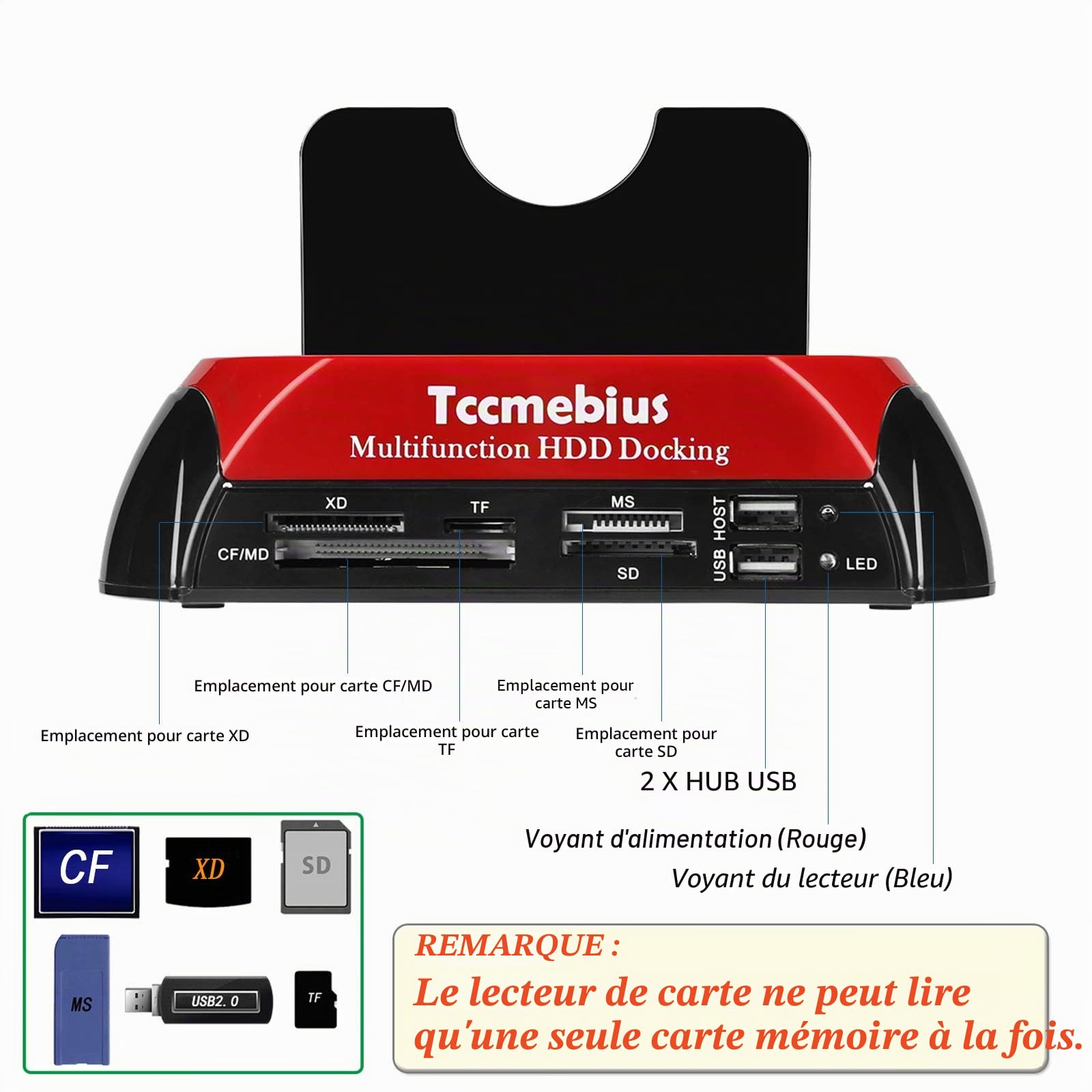 TCC-S862-DE USB 2.0 à SATA IDE Dual-Bay HDD Disque Dur Station d'accueil avec Lecteur de Cartes et Hub USB 2.0 pour 2.5 3.5 Pouce IDE SATA I / II / III HDD SSD