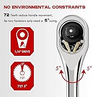 Vista 2 de Trinquete de accionamiento de 1/4 pulgadas, llave de trinquete de liberación rápida de 72 dientes, llave de enchufe reversible de acero cromado