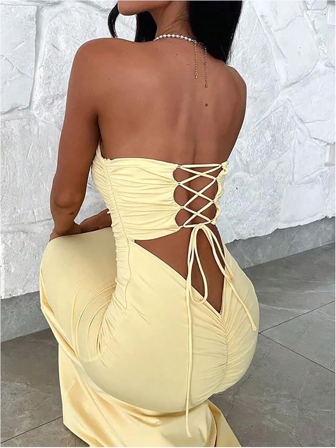 Floerns Tube Top Dresses for Women Adjustable Lace Up Blackless Strapless Formal Long Bodycon Dresses Wedding Guest Party - Image 5