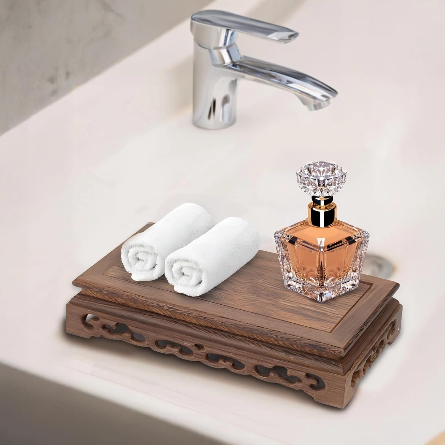 Wood Rectangular Stand For Home, Office Decor, Classic Ooth , Rosewood Carved Display Stand, For Vases, Fish Tanks, Decorative Items, 26 Cm Length