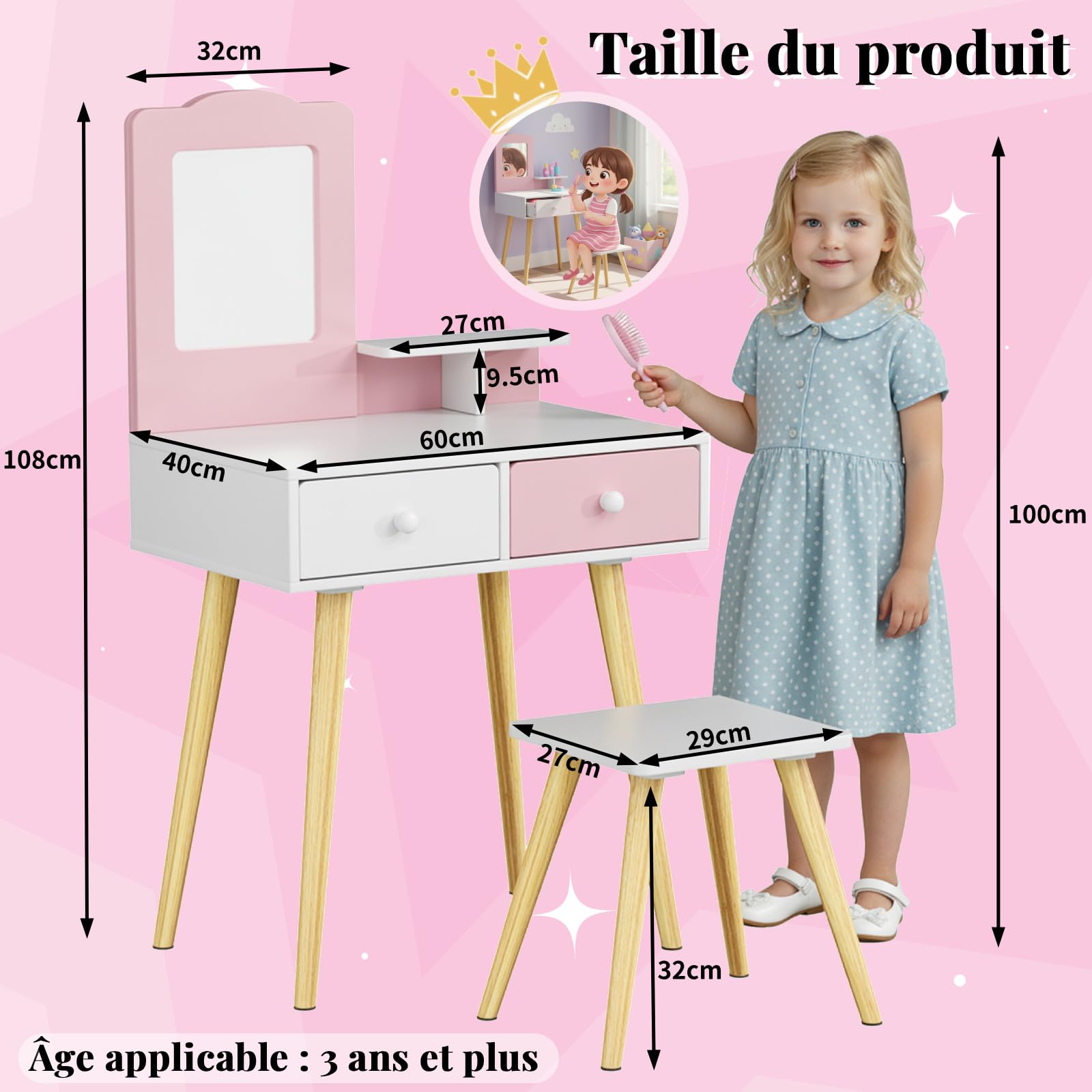 Clevich 2 en 1 Coiffeuse Enfant, Coiffeuse pour Fille avec Miroir et 2 Tiroirs, Bureau pour Enfants avec Tabouret, Robuste et Durable, Table de Maquillage pour Enfants 3 à 8 Ans, Rose