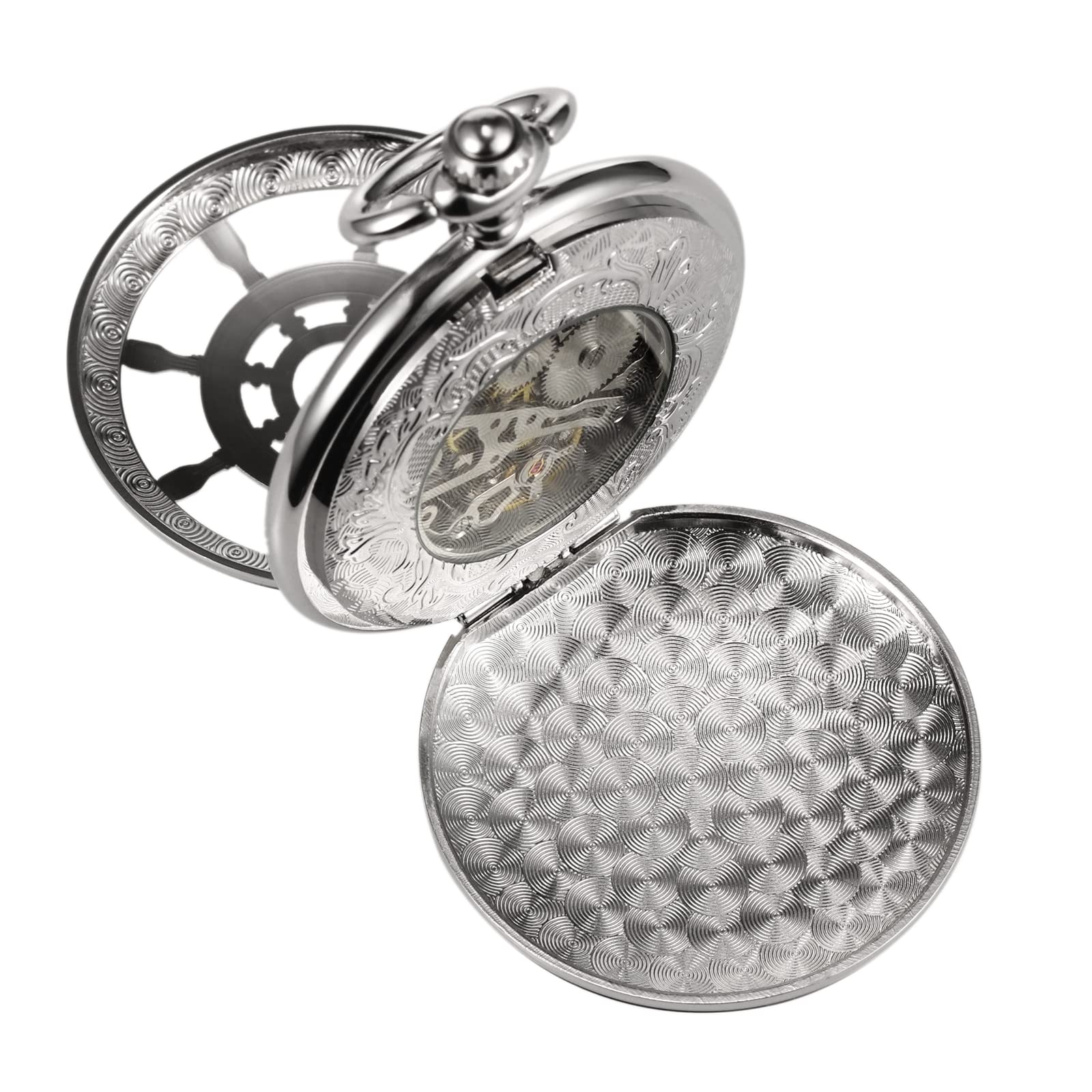 TREEWETO Reloj de Bolsillo Vintage Timón Hueco Mecánico Steampunk Esqueleto Números Romanos Reloj de Bolsillo con Cadena para Hombres Mujeres
