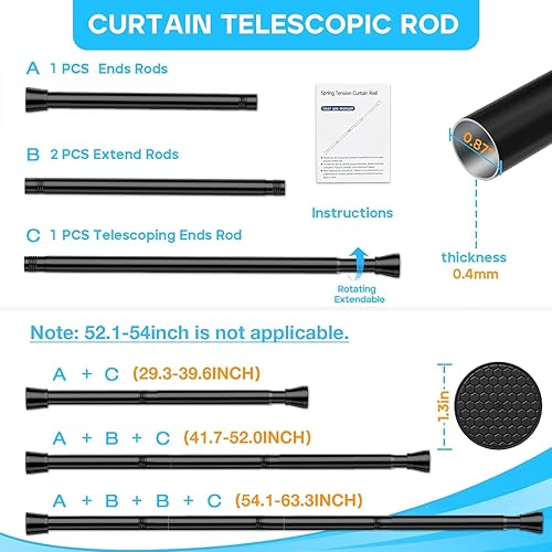 Miniatura 2 de Paquete de 2 barras de cortina de tensión de 33 a 59 pulgadas, barra de cortina ajustable expandible con resorte de presión, sin taladrar, barra de