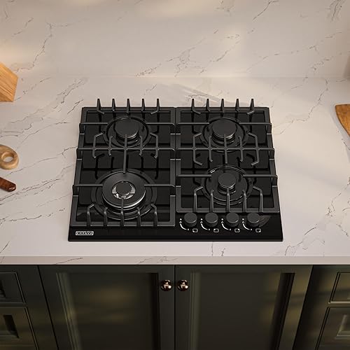 Miniatura 3 de Empava Placa de cocina de gas integrada de 24 pulgadas con 4 quemadores SABAF sellados, superficie de vidrio templado convertible GLPNG, protección