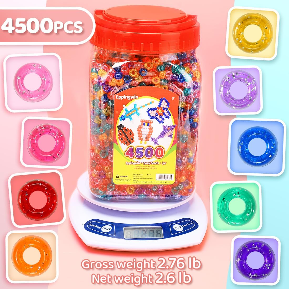 2.5 lb Wholesale Large Pony Beads (6x9 mm) Bucket, Easy Storage Glitter Beads Bulk, Over 4500 Pony Bead for Jewelry Making, Crafts (Glitter) image 3