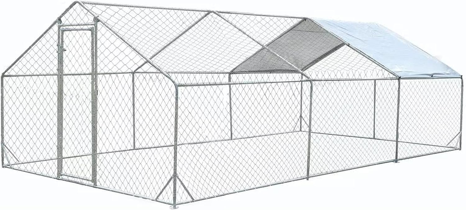Large Metal Chicken Run Walk-in Poultry Cage Spire-Shaped Chicken Coop with Waterproof and Anti-Ultraviolet Cover for Outside,Backyard and Farm,19.6' L x 9.8' W x 6.4' H