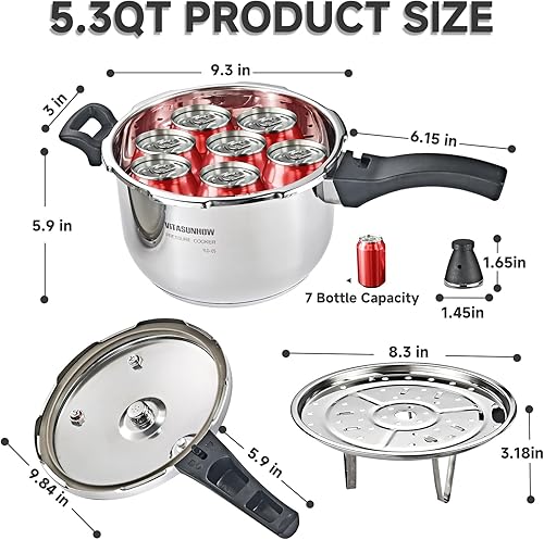 Miniatura 7 de Olla a presión de acero inoxidable con cesta de vapor, cocción más rápida y liberación de presión de seguridad (5 litros)