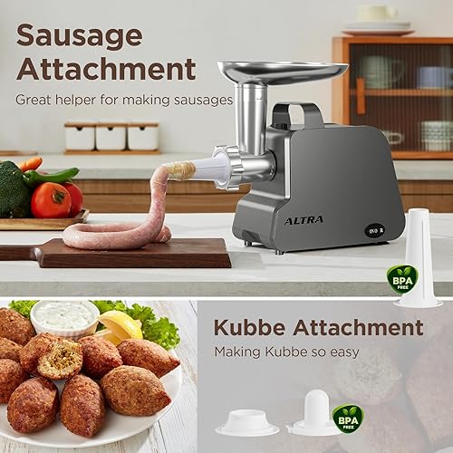 Miniatura 4 de Picadora de carne eléctrica, máquina de salchichas, picadora de carne con Hanlde, 2 cuchillas de acero inoxidable y 3 placas de molienda de acero