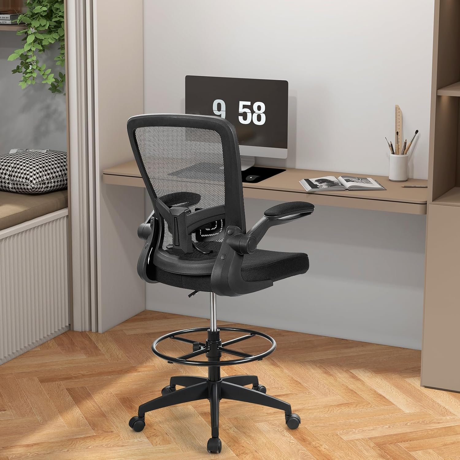 COSTWAY Drafting Chair, Tall Office Chair with Flip-up Armrests & Adjustable Foot Ring, High Back Computer Standing Desk Chair with Ergonomic Lumbar Support, Breathable Mesh (1, Black)