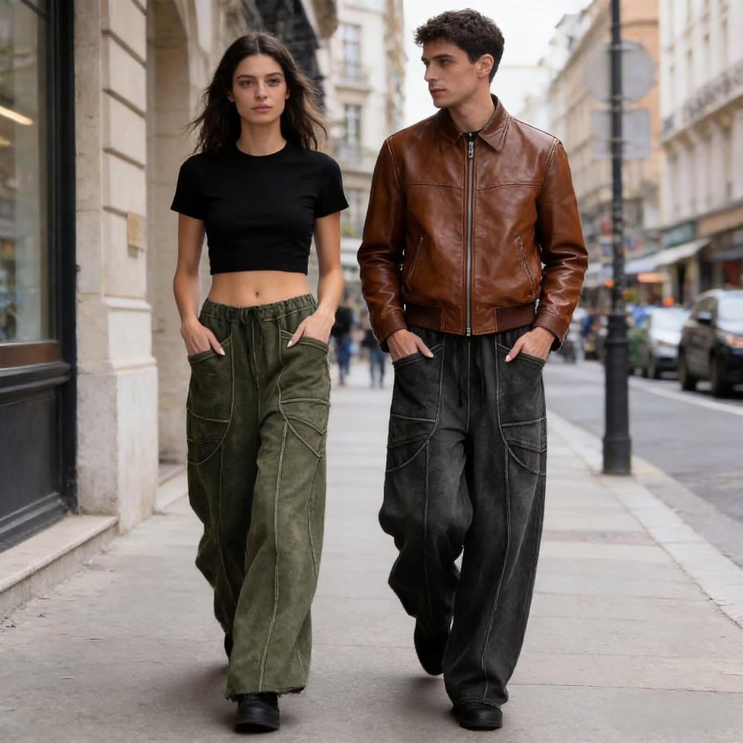 Men Women's Sweatpants Mens Jeans Acid Wash Womens Wide Leg Pants Drawstring Elastic Waist Pants with Pockets