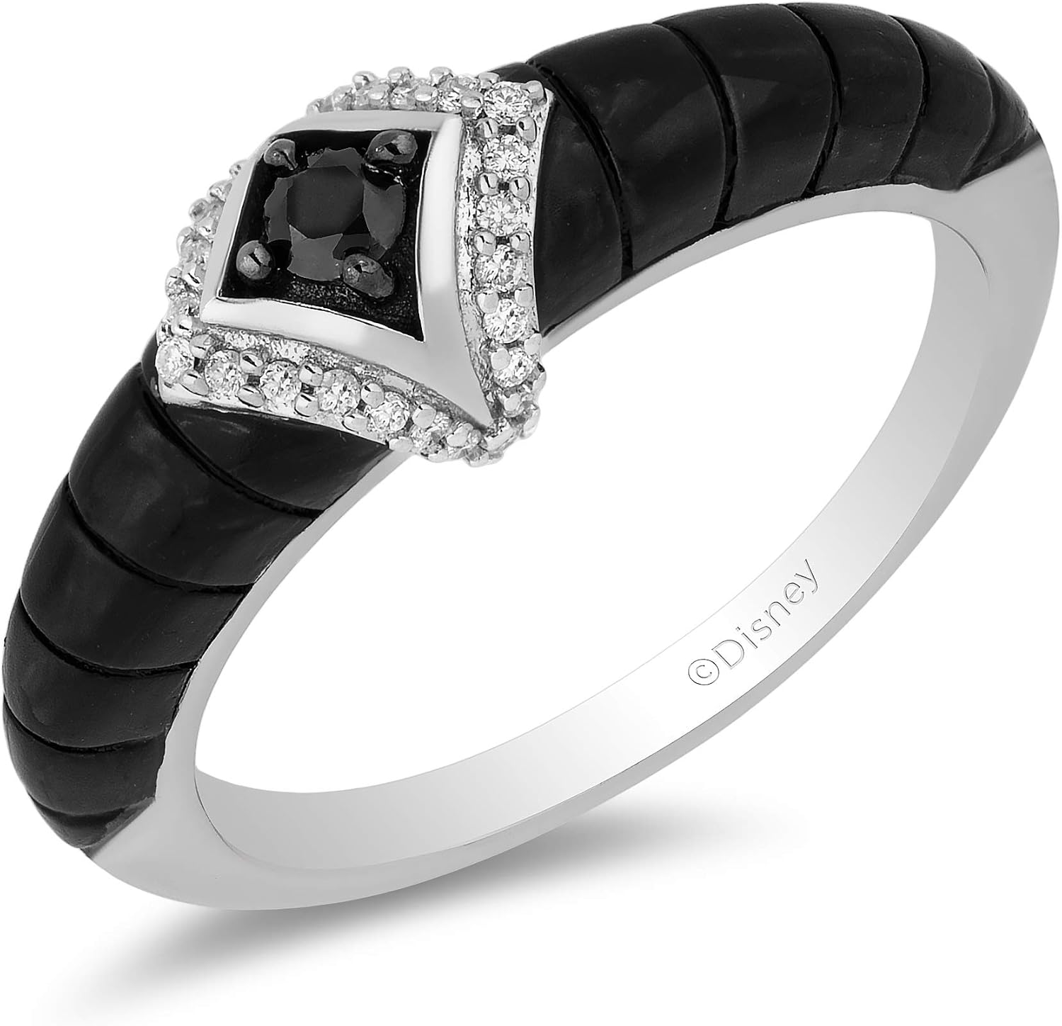Jewelili Enchanted Disney Fine Jewelry Sterling Silver with Black Rhodium 1/6 CTTW Diamond Maleficent Horn Ring