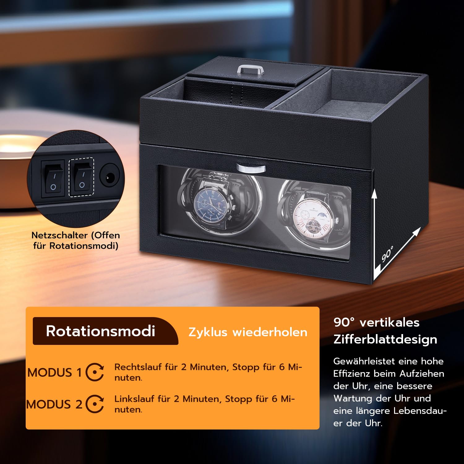 Mcbazel Automatische Uhrenbeweger 2 Uhren, Multifunktionaler Watch Winder Leder Automatische Uhrenanzeige LED-Licht Leisem Motor Luxuriöse Schmuckaufbewahrungsbox -Färberei
