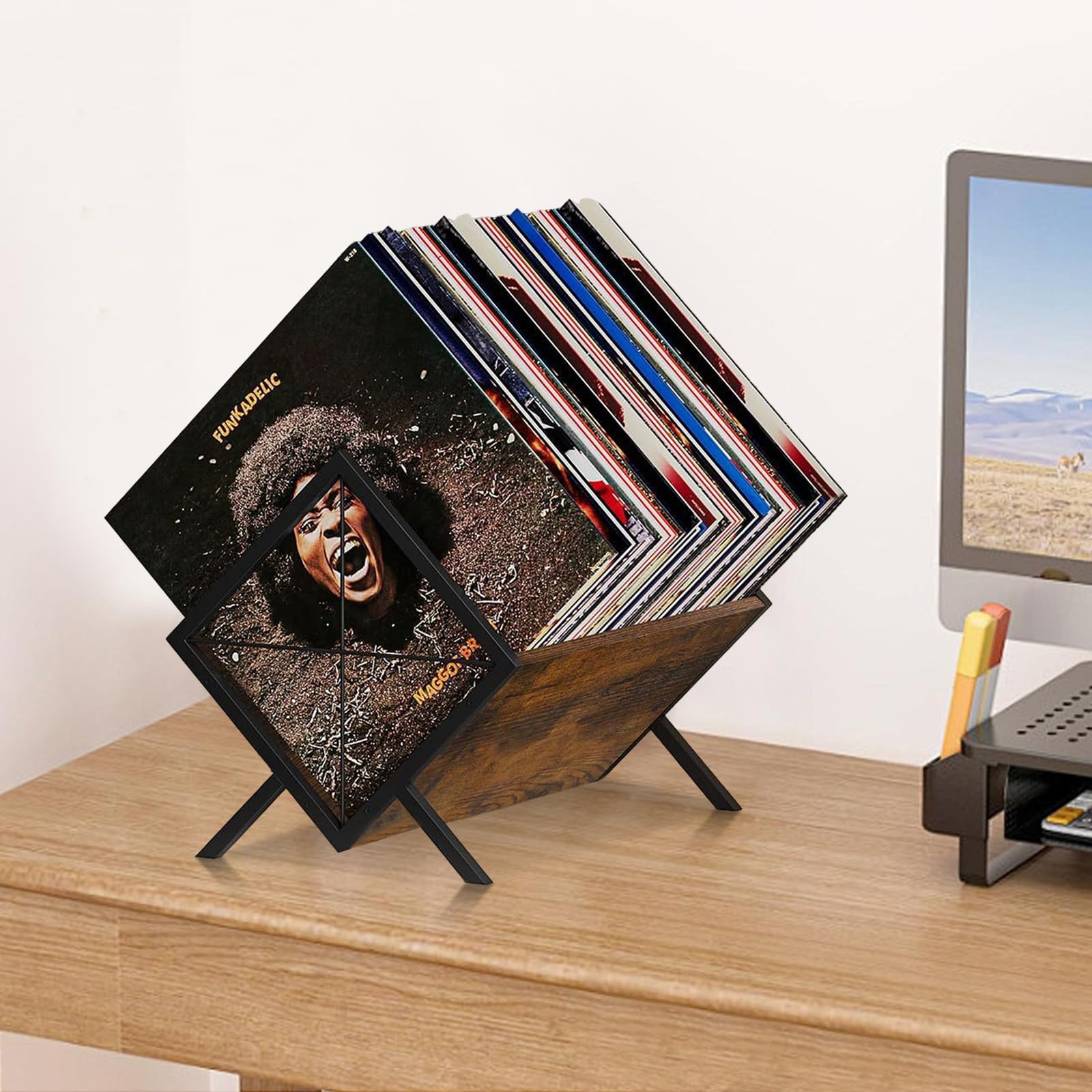 Contenitore per dischi in vinile, 1 ripiano in legno con divisorio regolabile, libro e piastra in vinile, supporto per dischi in vinile, organizzatore per CD, album, riviste, libri