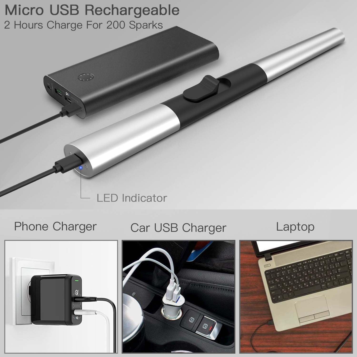 Electric Arc Lighter, Candle Lighter USB Rechargeable Lighter 10 Inch Long Flameless Windproof with Safety Switch Zinc Alloy Body, Electric Lighter for Candle Gas Stove BBQ Grill Camping Firework