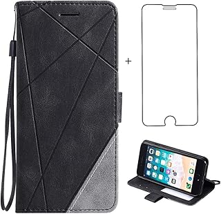 Compatible with iPhone 7/8/SE 2020/2022 Wallet Case and Tempered Glass Screen Protector Flip Card Holder Cell Phone Cover for iPhone7 iPhone8 7s 8s i SE2020 SE2022 2/2nd/3/3rd Generation SE2 SE3 Black