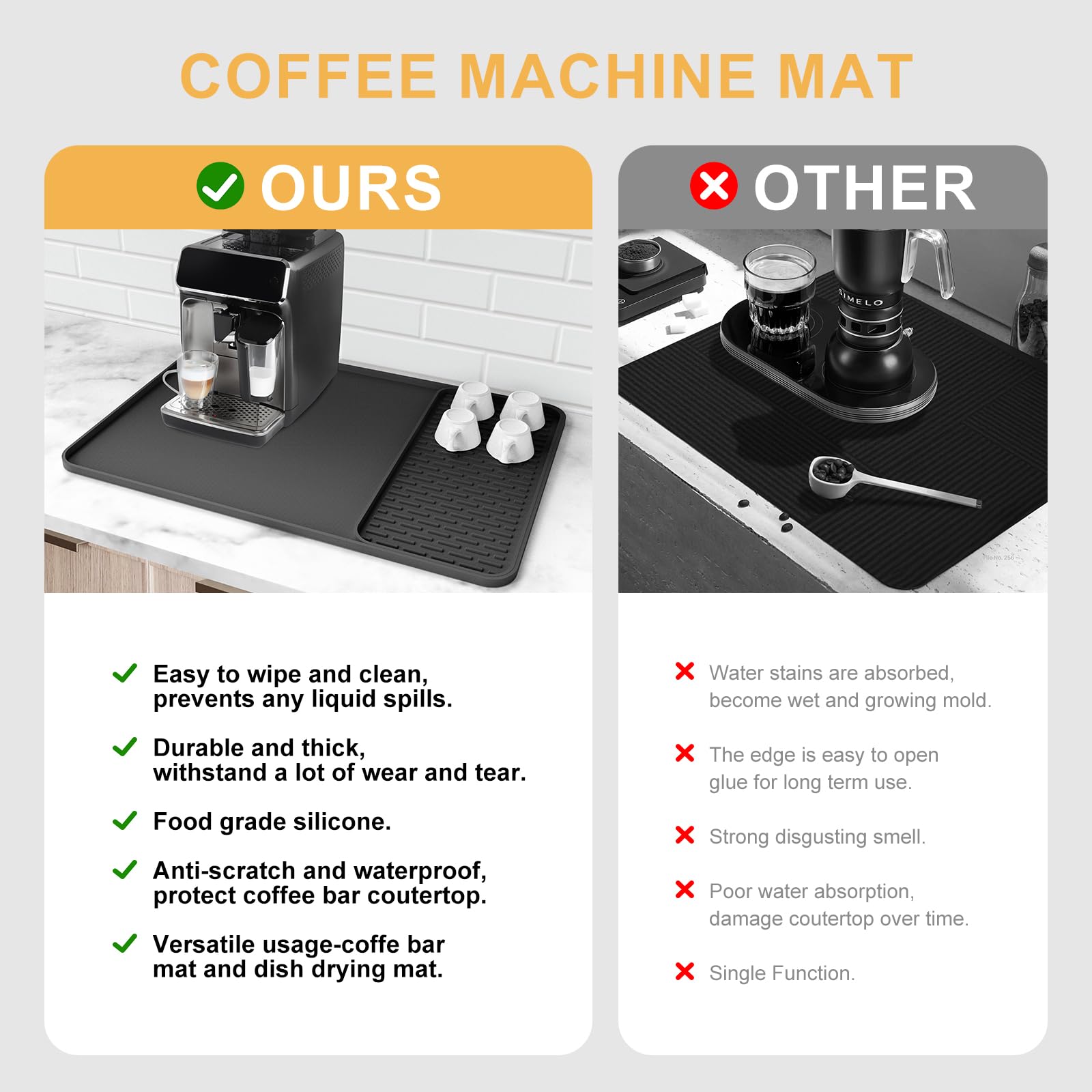 Silicone Coffee Mat, 24''x16'' Bar Mat with Detachable Dish Drying Mat - Fits Under Coffee Maker & Dish Rack - Image 6
