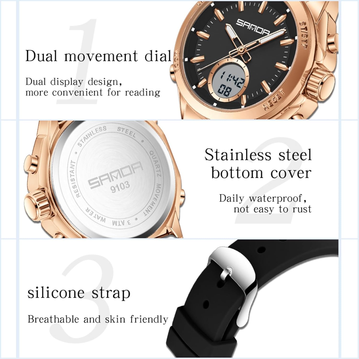 Ladies Watches Waterproof Sport Watches for Women with Soft Silicone Strap,Fashion Women's Wrist Watches with Digital Analog Dual Display Alarm Date Night Light for Women Girls