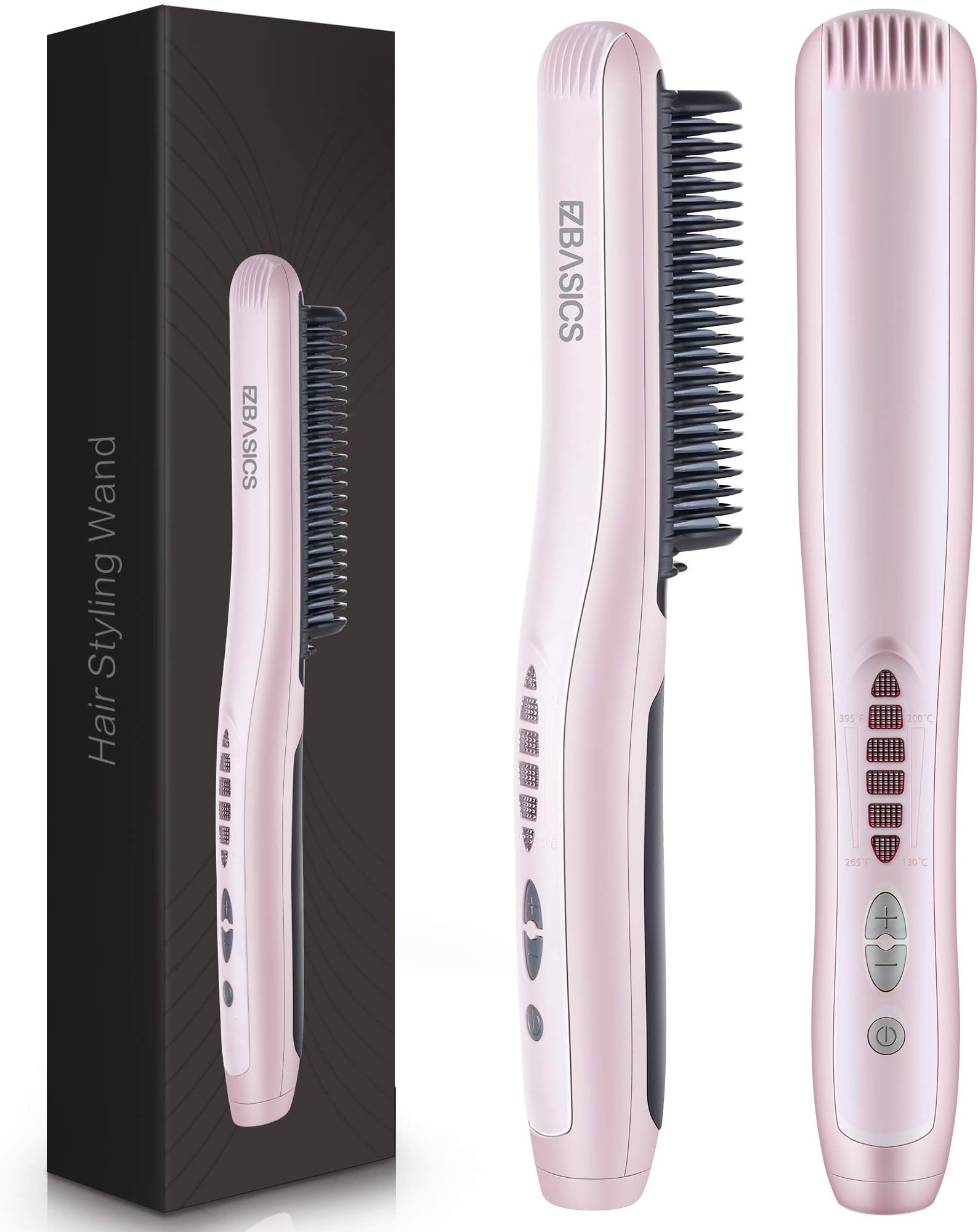 EZBASICS Hair Straightener Brush, 30s Fast PTC Ceramic Heating Hair Straightening Brush with Anti Scald, Auto-Off & Adjustable Temperatures, Portable Frizz-Free Hair Care Silky Straight Heated Comb