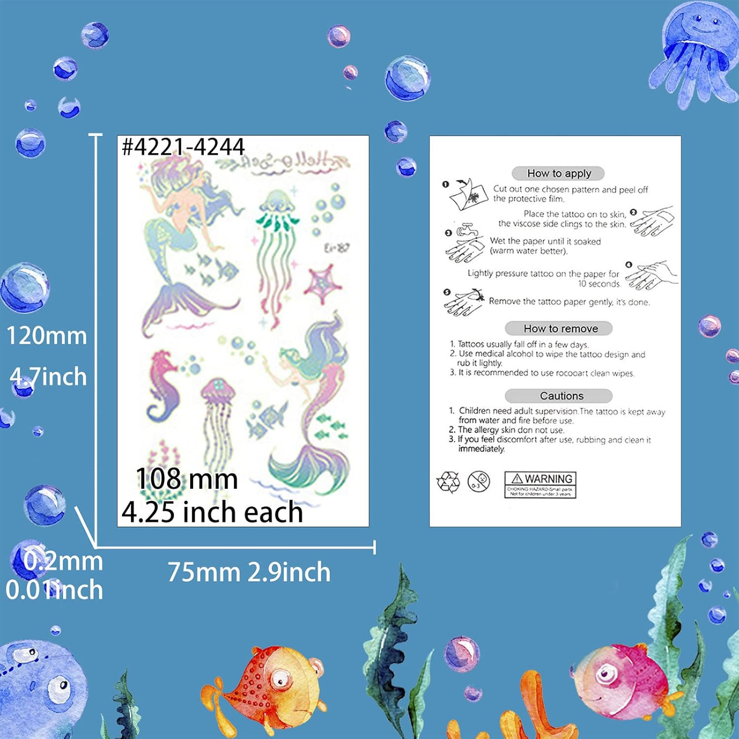 Mermaid with Dolphins for Temporary Tattoos Ocean Animals Luminous Resin Stickers Glow in the Dark Fillers Craft