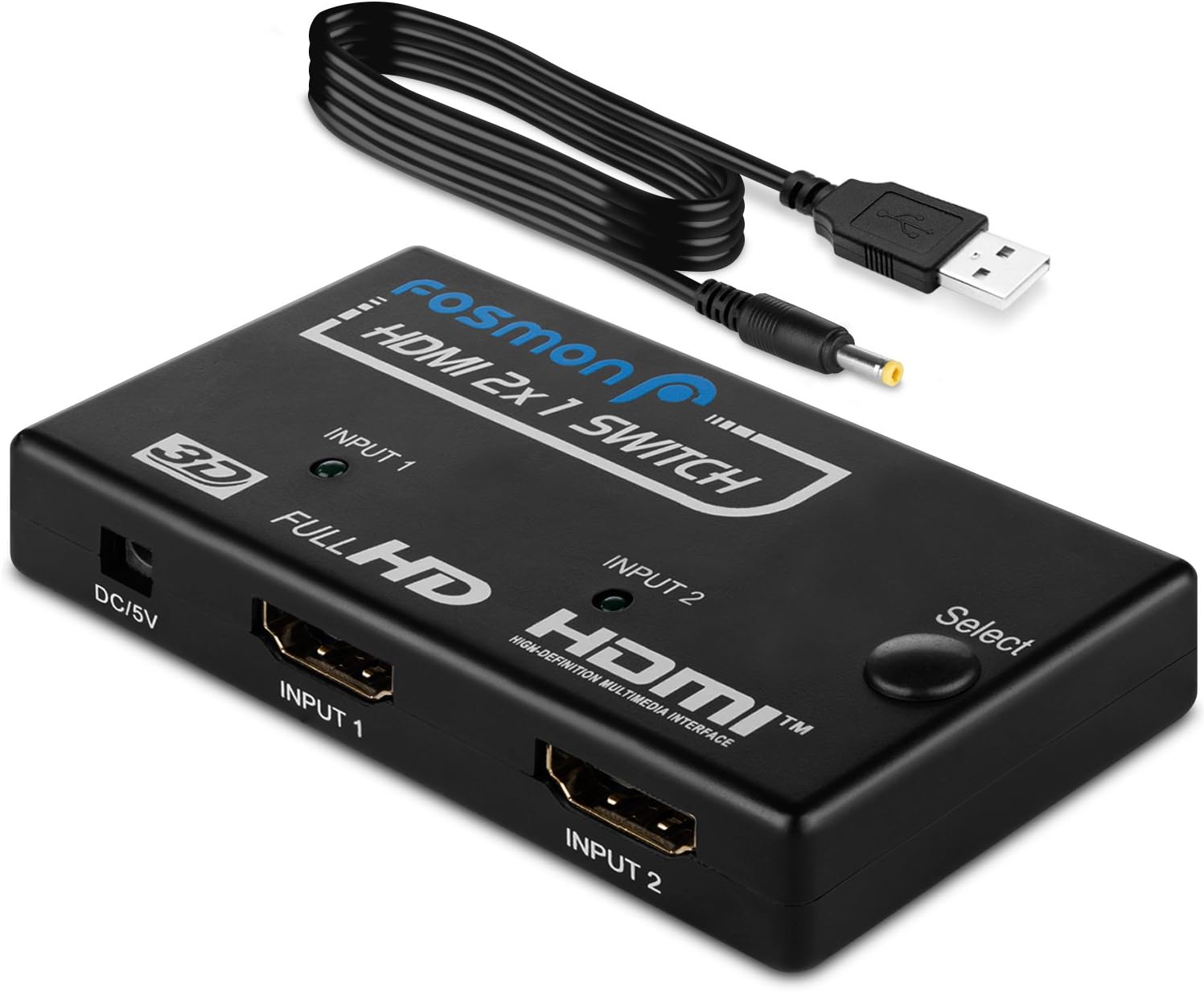 Fosmon HD1833 2-Port HDMI Switch - Mini Switcher 2 in 1 Out (2x1) Support 3D, 1080p, 3D, HDCP Pass Through (Power Adapter Not Included)