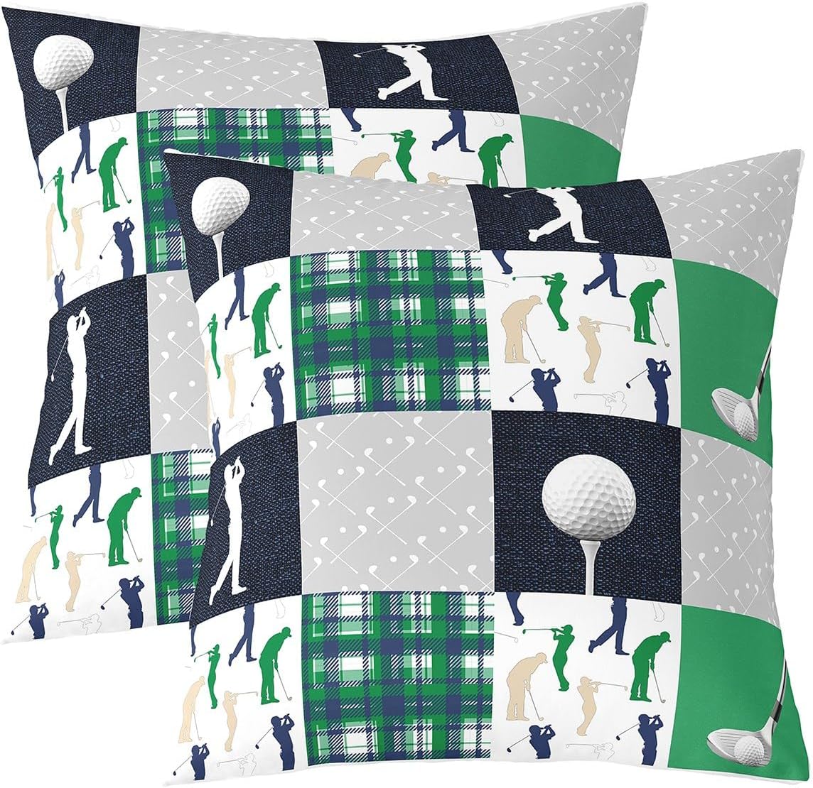 Golf Throw Pillow Covers 22x22 Inch Set of 2 Extreme Sports Style Players Print Cushion Covers for Teens Adults Retro Watercolor Patchwork Grid Stripes Cushion Cases for Bedroom Chairs Office