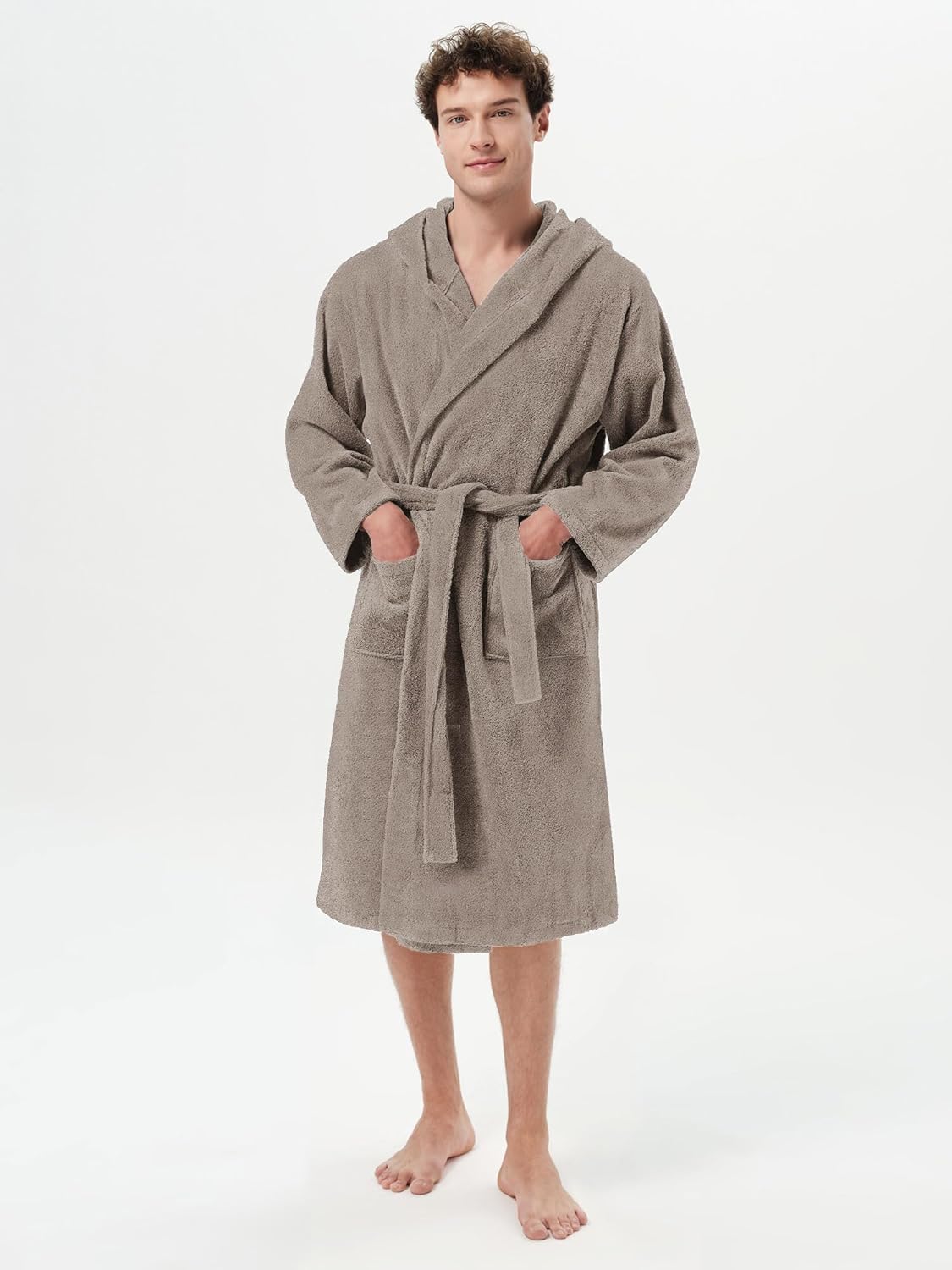SIORO Mens Terry Bath Robe, Plush Hooded Cotton Cloth Knee-Length Robes for Spa, Shower, Soft Towel Bathrobes with Pockets - Image 4