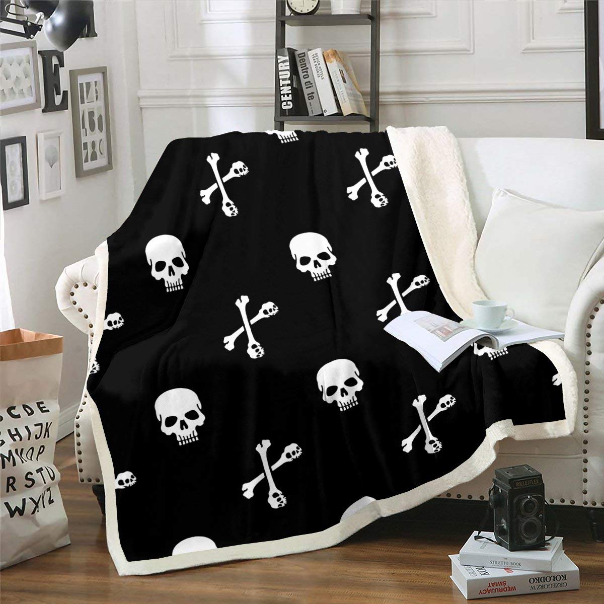Loussiesd - Coperta in pile con motivo a teschio, per letto, divano, design scheletro, in peluche, decorativa, stile gotico, stile sherpa, stile esotico boho, coperta calda, 152,4 x 200,7 cm