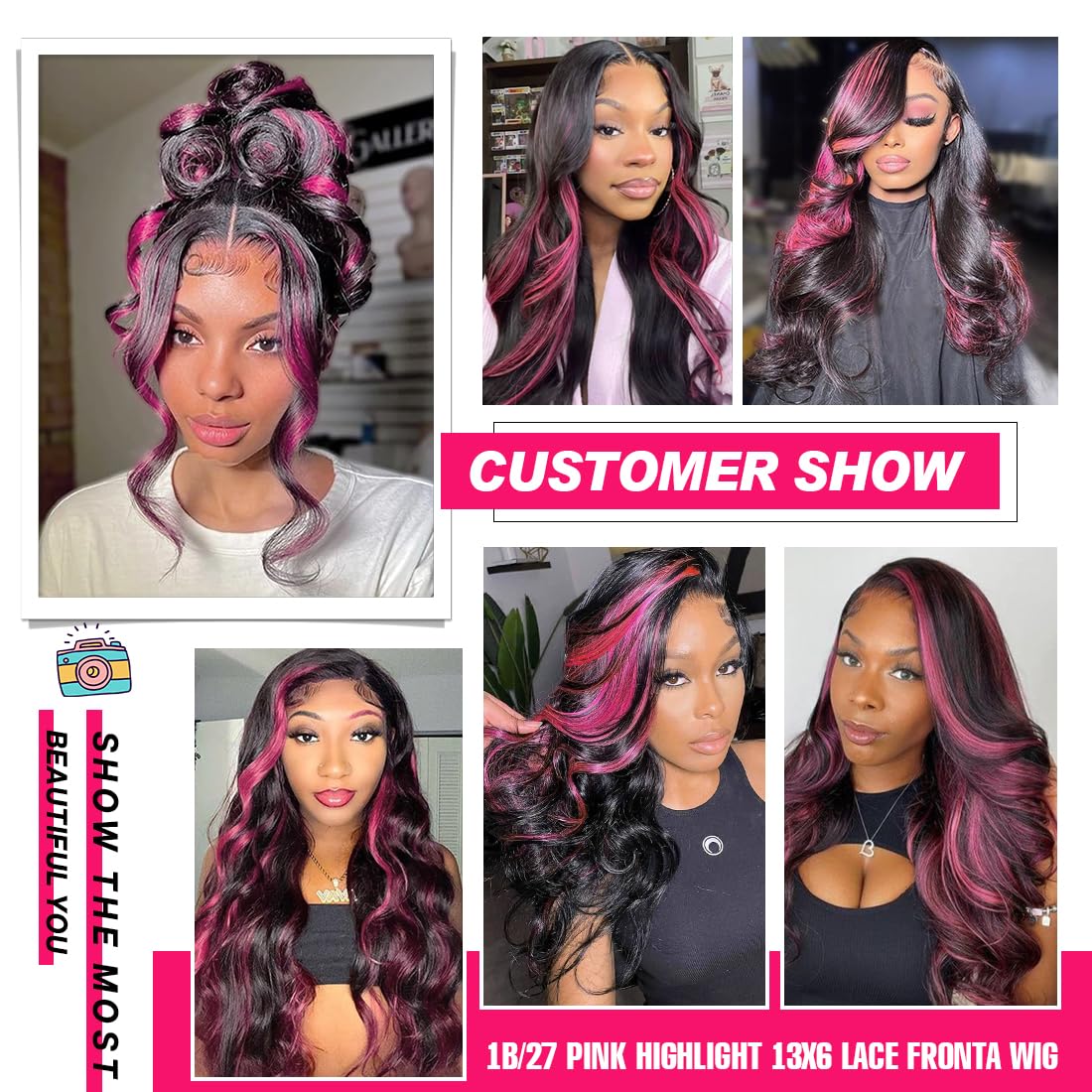 Ombre Lace Front Wig Human Hair Pre Plucked 200% Density HD Lace Front Wigs Human Hair 1B/Pink 13x6 Body Wave Human Hair Glueless Wigs Skunk Stripe Human Hair Wig 20 Inch