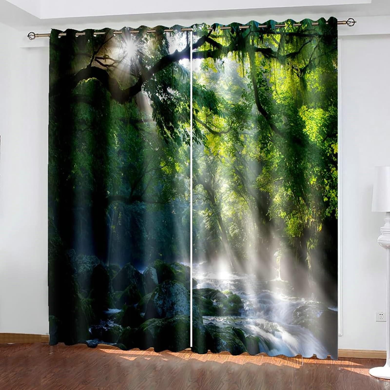 Gualiy Vorhänge mit Ösen 2er Set, Vorhänge Blickdicht 86x138 Natur Baum und Bachlandschaft Verdunkelungsvorhang Lang