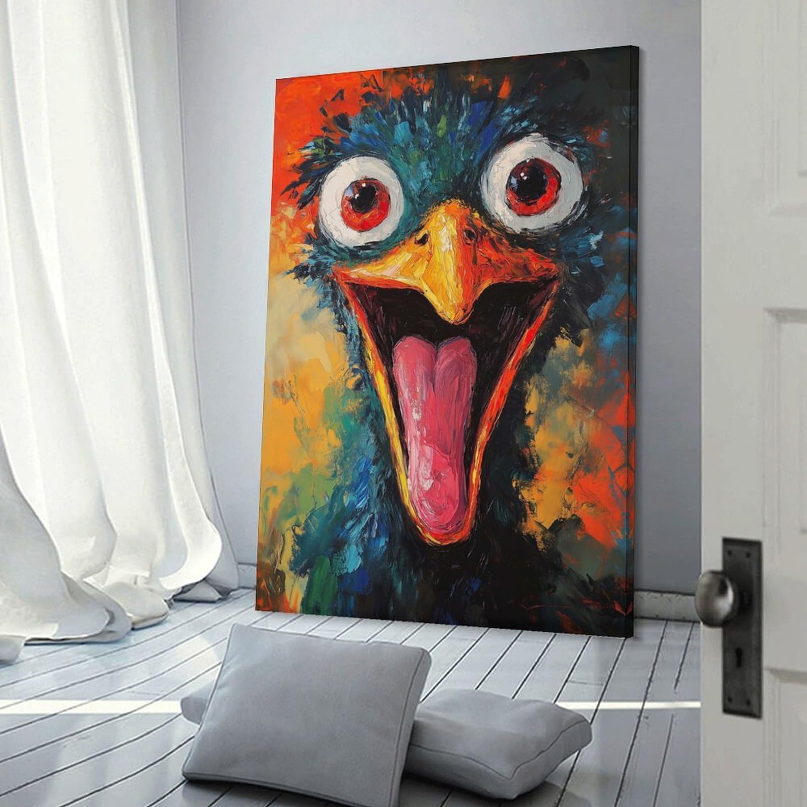 Junmoney Decorative Canvas Print Funny Ostrich Painting, 24x36inch(60x90cm), for Home Office, Desk Area Or Studio, Home Office Artwork with Decorative Appeal