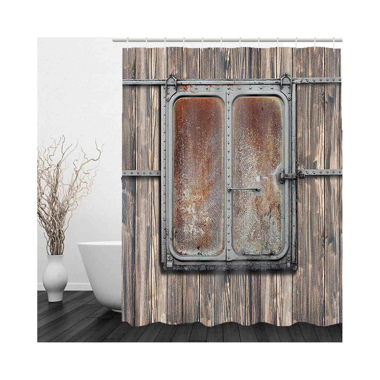 Ganchos para Cortina De Baño Ducha Dibujos Ventana Pared Madera Ventana Pequeña Cortinas Original Brown Gray 220x180cm