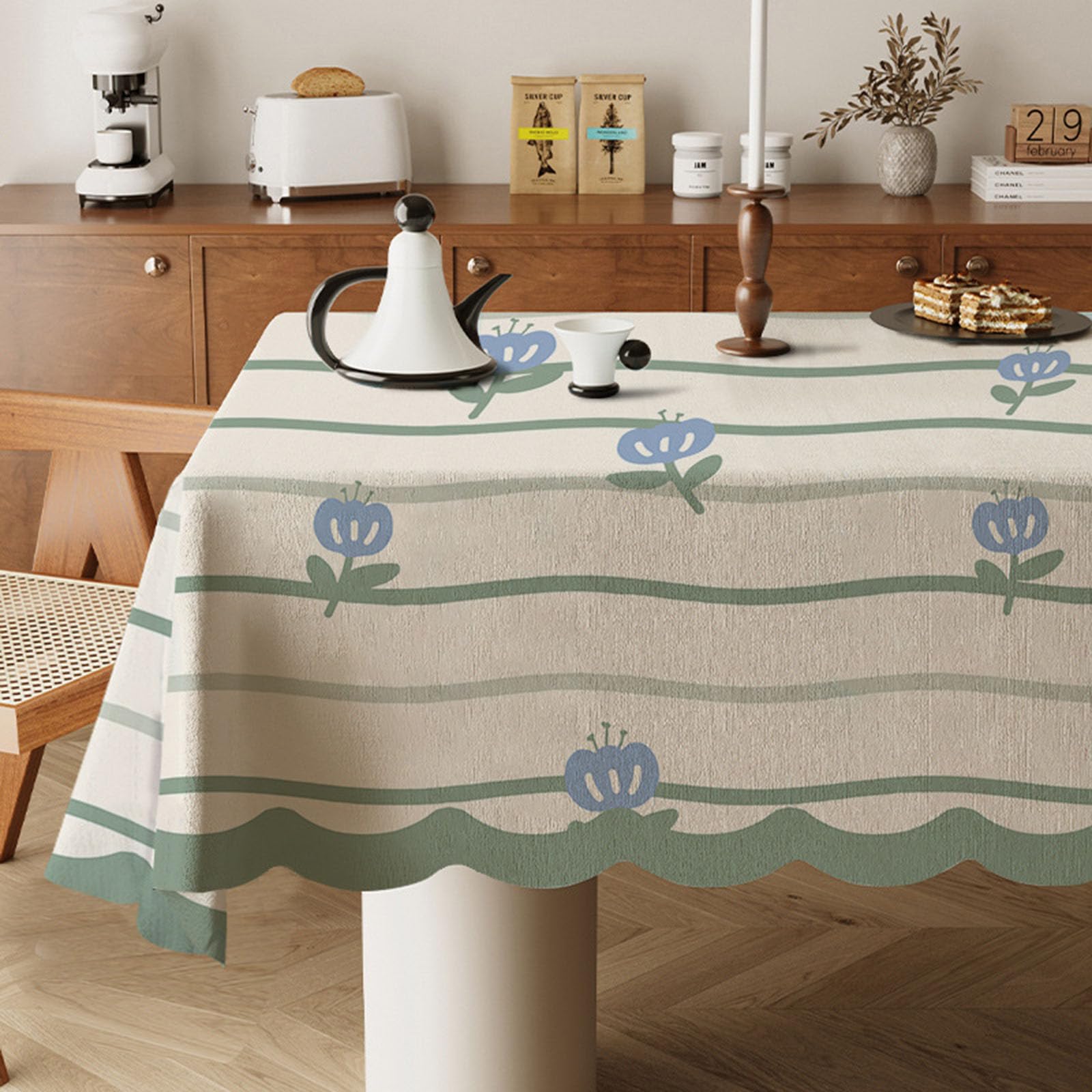 Odot Wipe Clean Tablecloths - Square, Stain Resistant Country Style Cotton and Linen Rectangular Table Cover for Kitchen, Dining, Coffee Table (Blue Flowers,140x200cm)