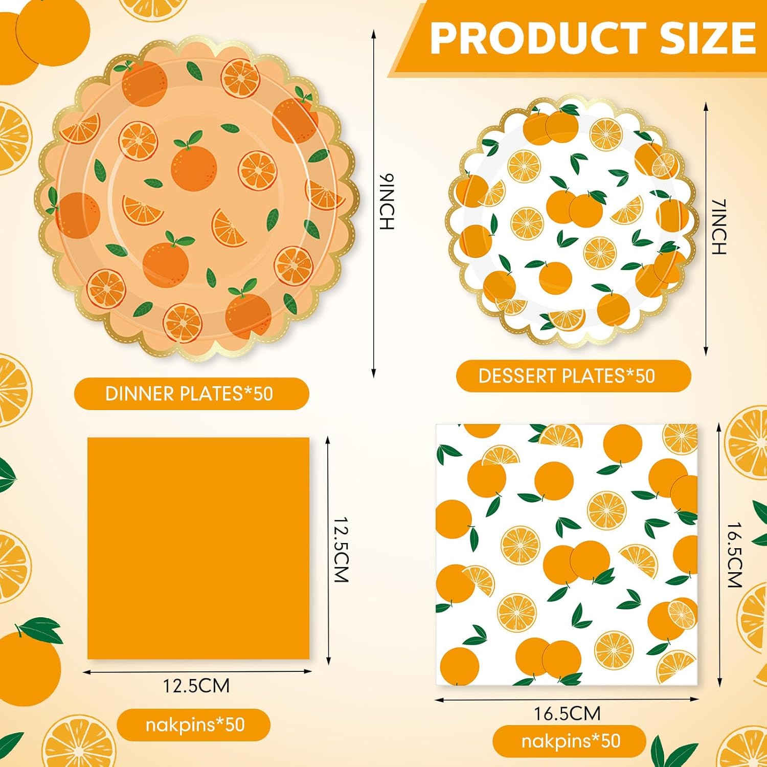 Funnymoom 200 Pcs Orange Citrus Party Supplies Kit Little Cutie Disposable Paper Dinner Dessert Plates Luncheon Napkins Beverage Napkins for Summer Fruit Birthday Baby Shower Wedding Party 50 Guests