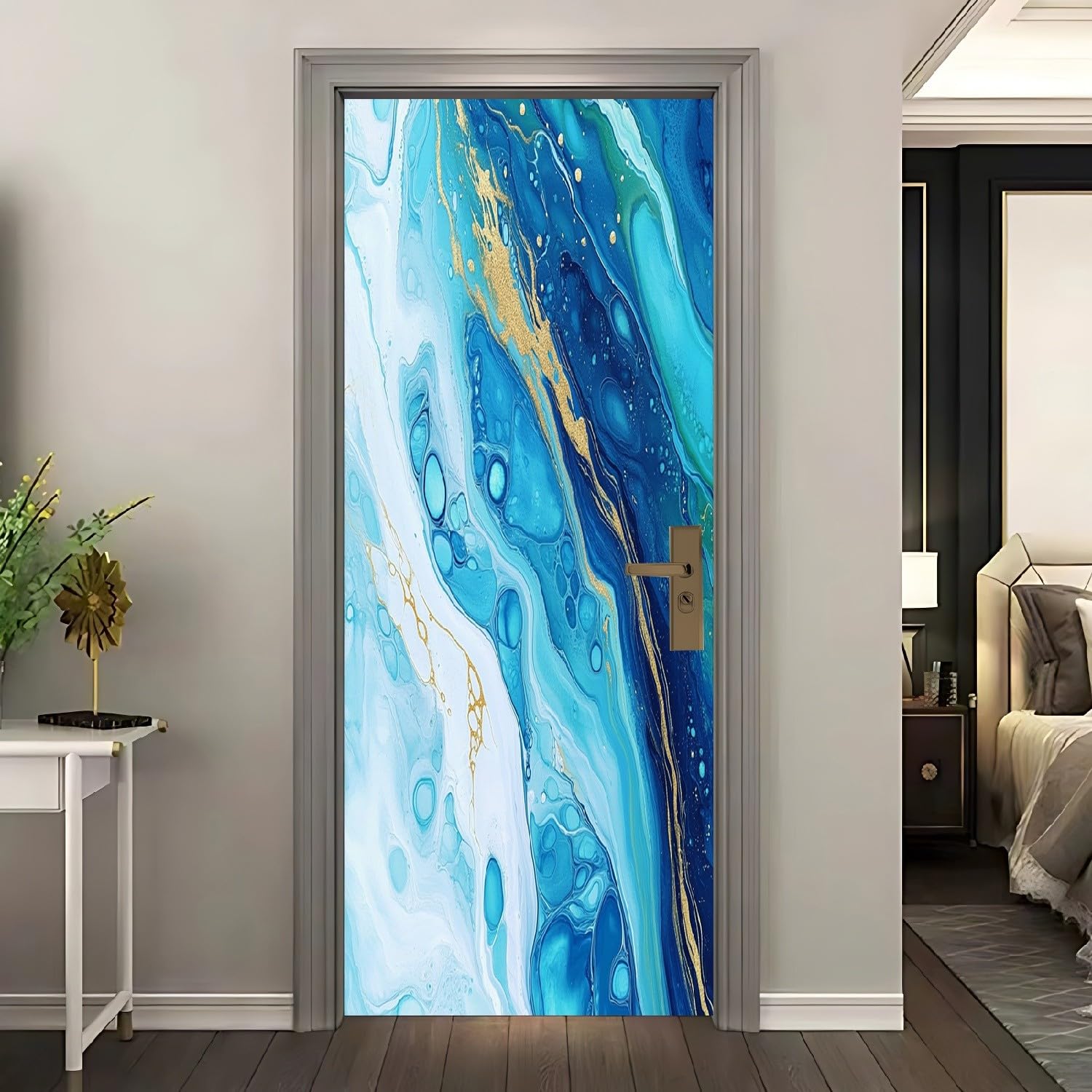 Sticker porte 3D aquarelle bleue 85x205 cm de style abstrait