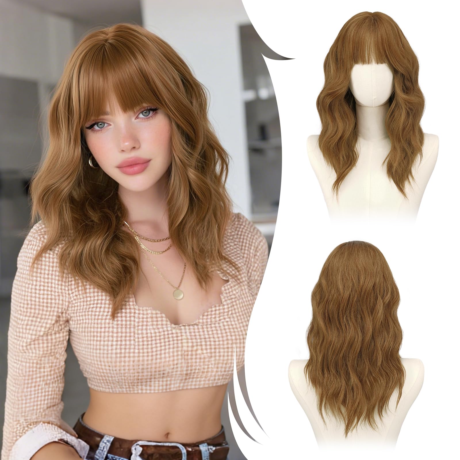 RUWISS Peluca Verde Apagado Ondulada con Flequillo para Mujer, 50 cm Shoulderlongitud Peluca de pelo Sintético en Capas Pelucas con Volumen Natural para Diario y Fiesta — view 13