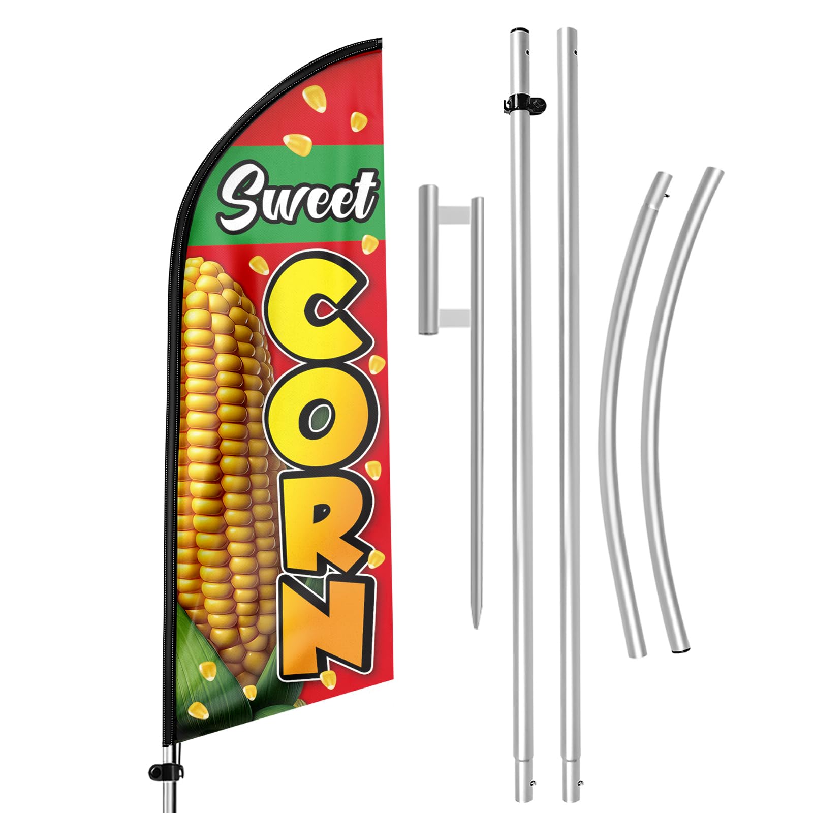 QSUM Sweet Corn Sign, 11FT Sweet Corn Feather Flag with Flagpole Kit, Ground Spike, Sweet Corn Banner for Farm, Market, Corn Store Business Advertising Supplies