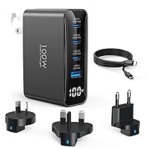 Topadre Caricatore da Viaggio USB-C da 100 W, Convertitore Adattatore da Viaggio Pieghevole a 4 Porte con Spine UK, EU, AU, Ricarica Rapida per MacBook Pro, Air, iPad Pro, Nero