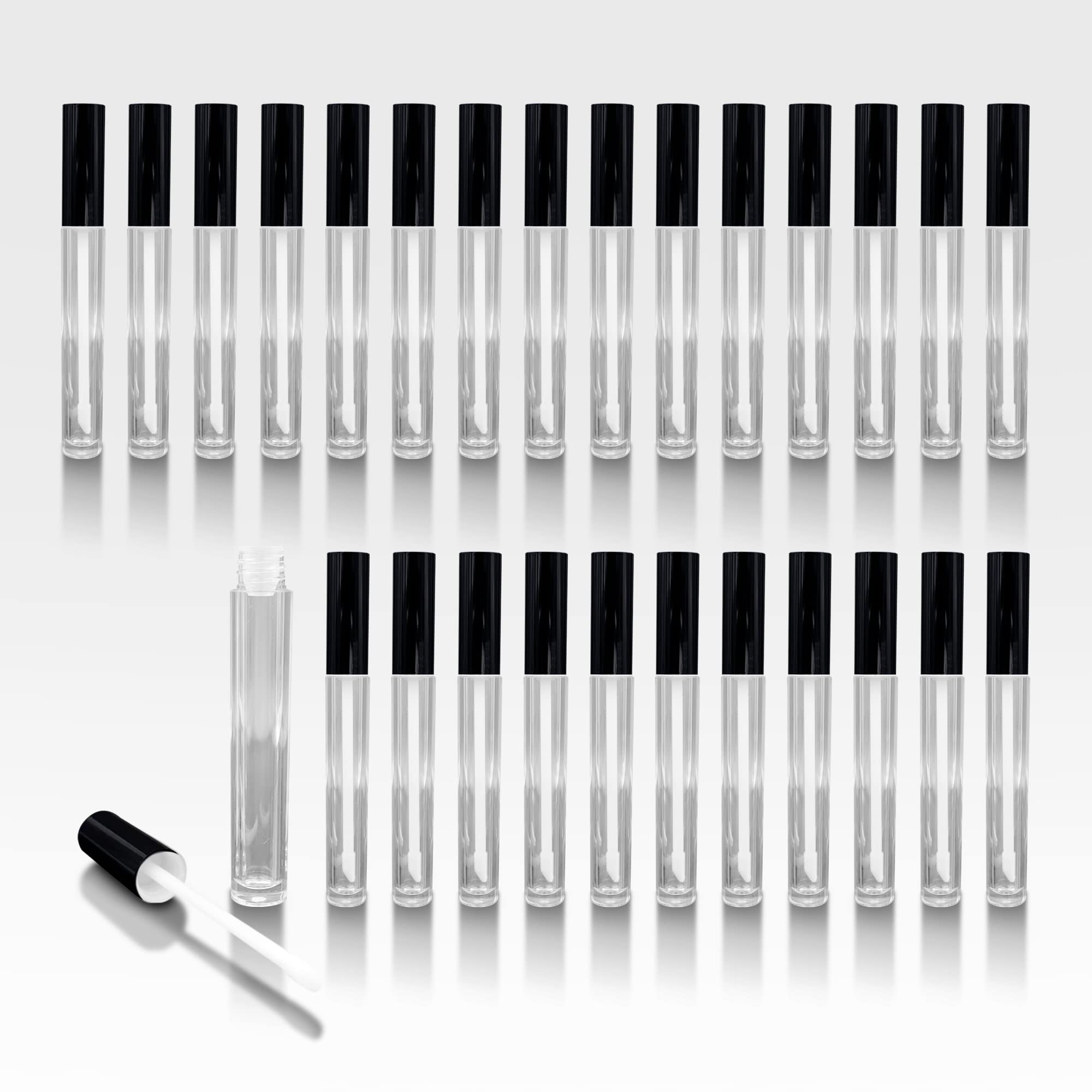 Cosmetic Packaging Now Vibe Clear Lip Gloss Tubes w Glossy Black Cap Doe Foot Wand 100 pack