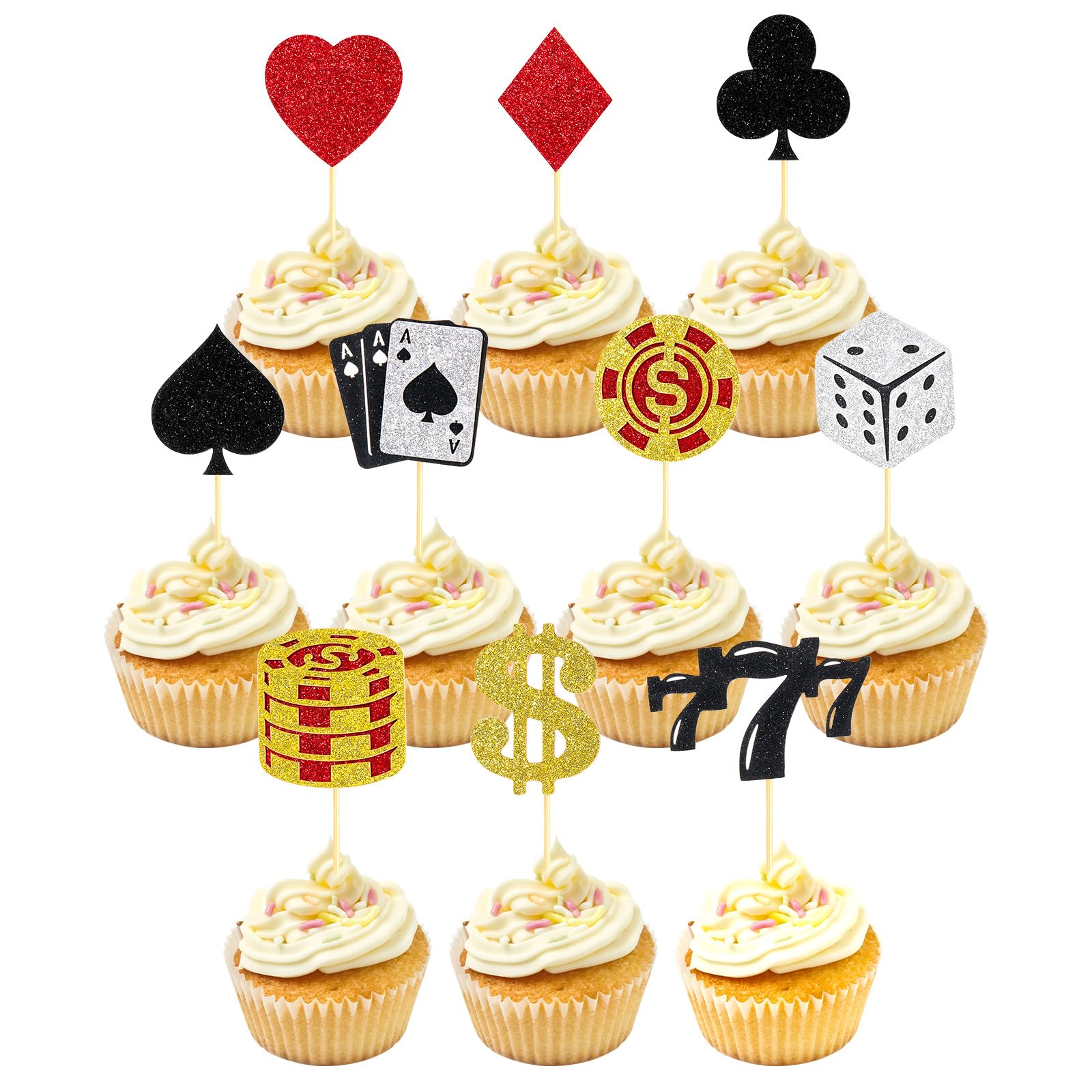 24 Pcs Casino Cupcake Toppers, Casino Party Decorations, Glitter Poker Chips Toppers for Vegas Themed Party Decorations, Fruit Food Picks for Poker Night Decor