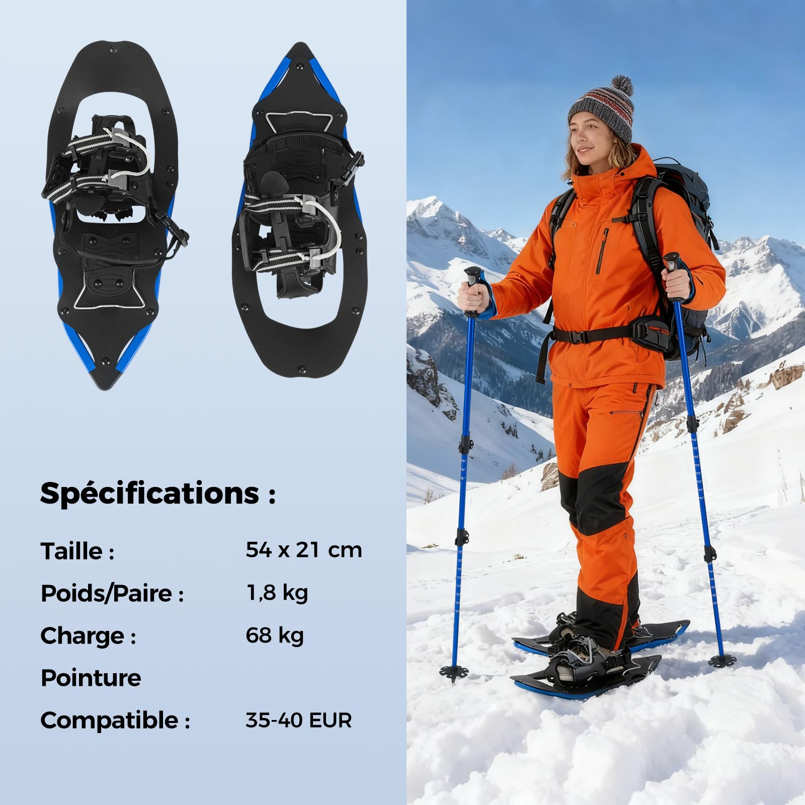COSTWAY Set de Raquettes à Neige avec Bâtons de Trekking, Chaussures Neige Tout-Terrain en Aluminium, Rembourrage EVA à Sangle Unique Repose-Talon Barre Pivotante Sac de Transport