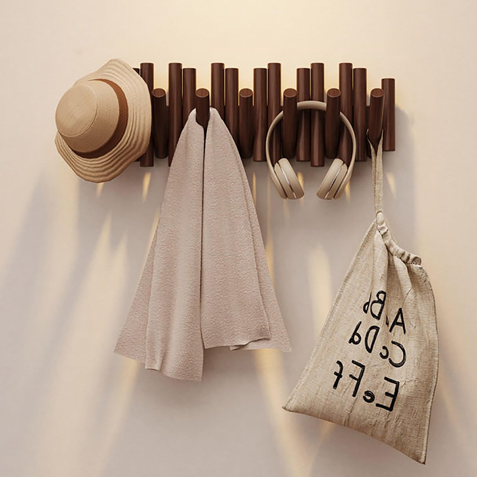 JS Space Wooden Wall Mounted Coat Rack with Hidden Flip Down Hooks, Modern Wood Coat Hooks Wall Mounted for Entryway, Bedroom, Bathroom, Hallway Walnut 7-Hook