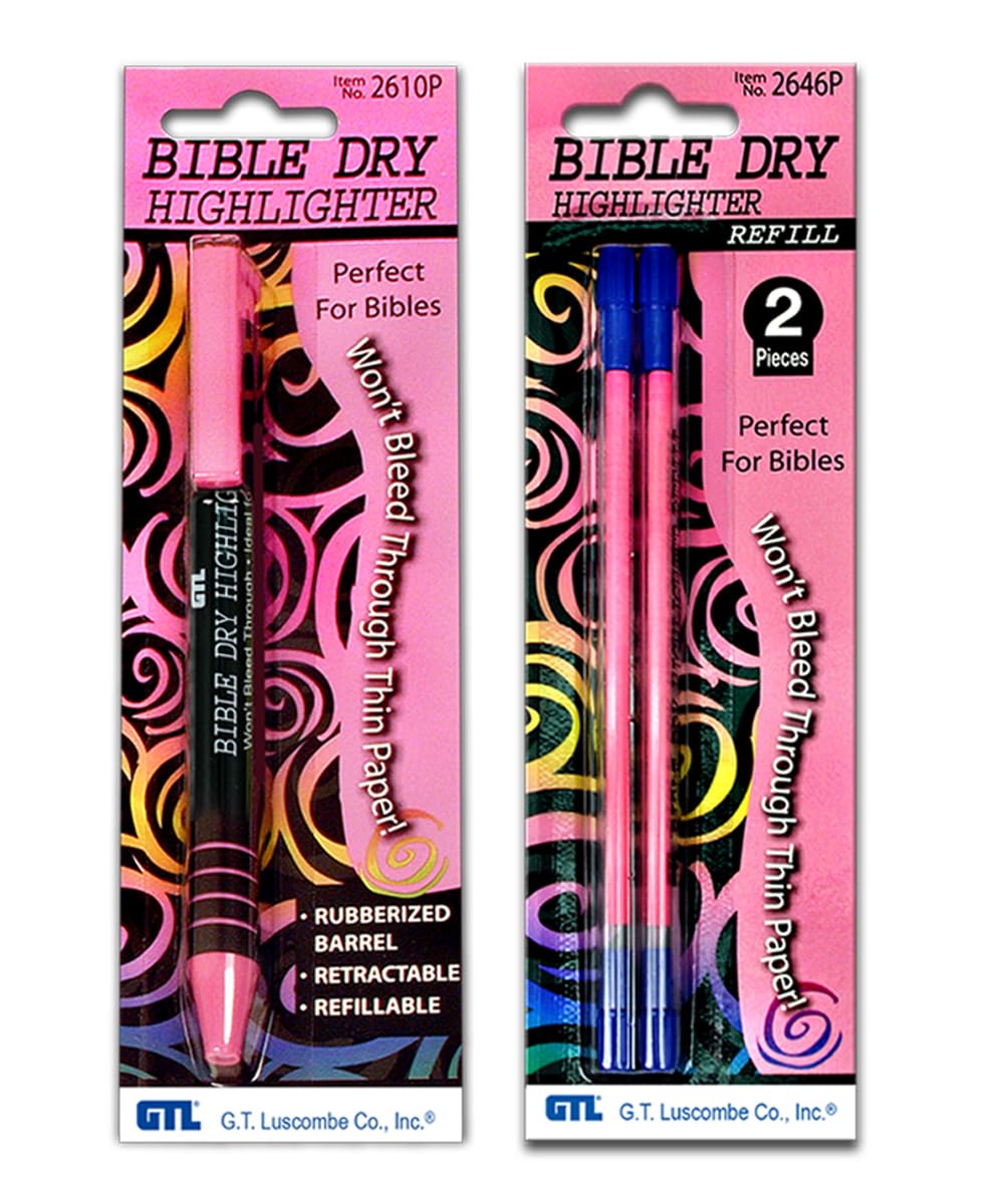 G.T. Luscombe Company, Inc. Bible Dry Refillable Highlighter with 2 Pack of Refills (Pink)