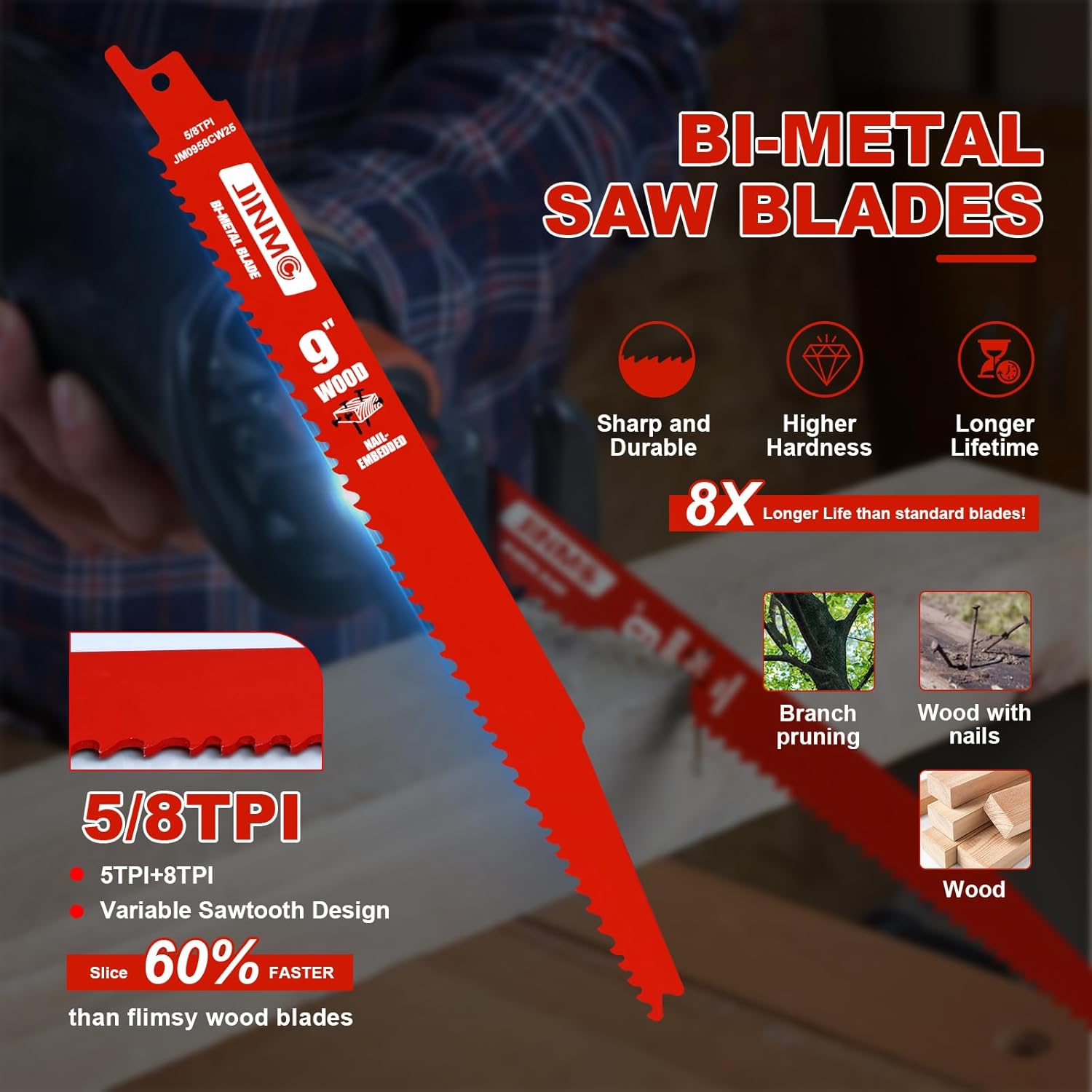 25 Pack 9 Inch 5/8 TPI Reciprocating Saw Blades for Wood and Nail-Embedded Wood Demolition, M42 Bi-Metal with 8% Cobalt for Wood Cutting and PVC Pallets etc.- Compatible with Diablo Sawzall Blades