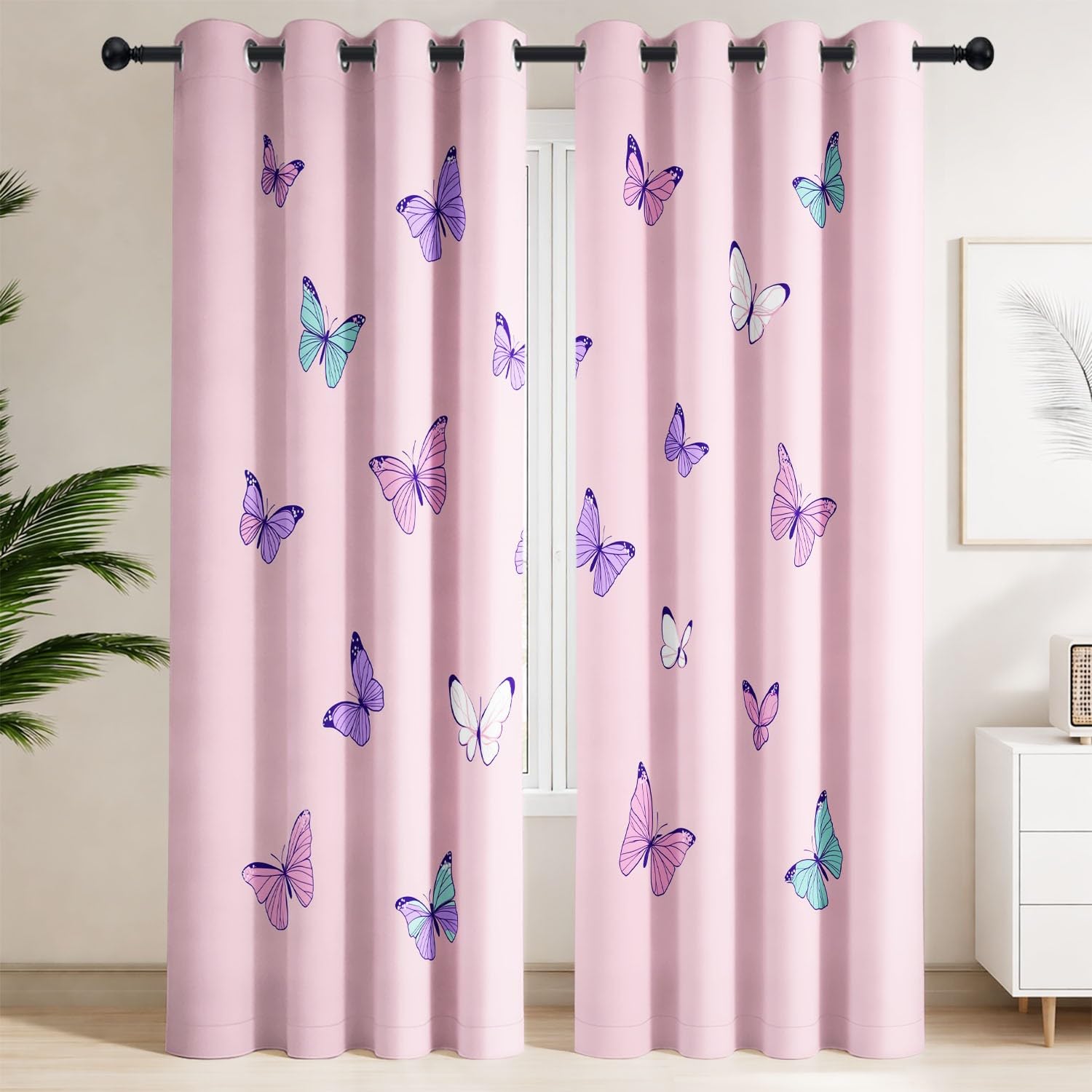 Rideaux Occultants Papillon Rose Pastel 75x166cm Lot de 2 Rideaux Thermiques pour Chambre d'Enfant