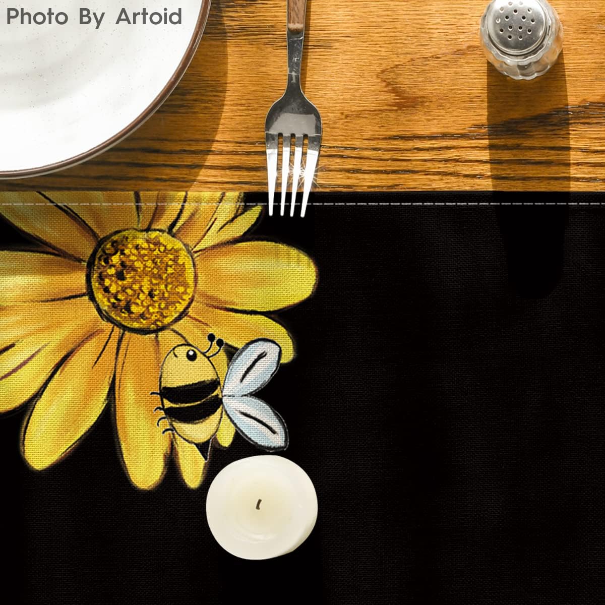 Artoid Mode Bee Sunflower Table Runner Black, Seasonal Spring Summer Flowers Holiday Kitchen Dining Table Decoration for Home Party Decor 13 x 72 Inch