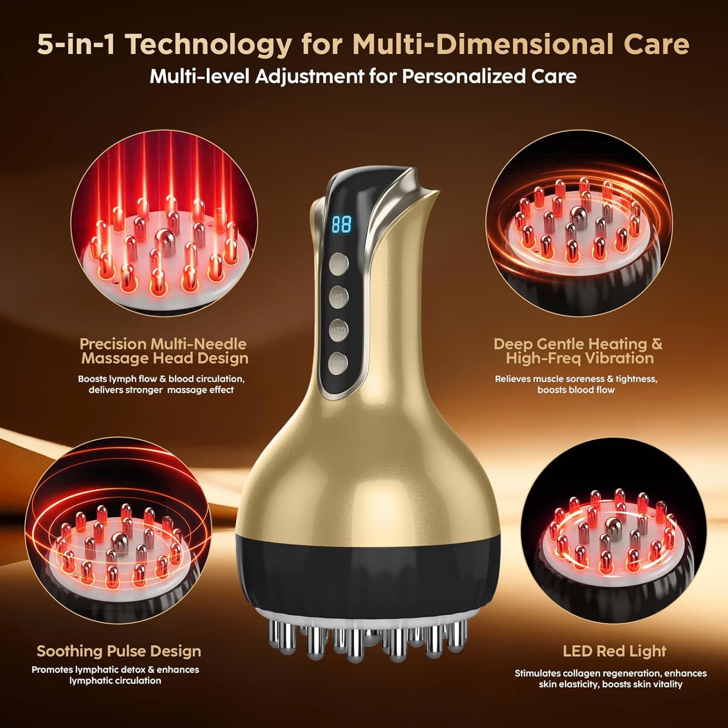 Lymphatic Drainage Massager & Anti-Cellulite Massage Tool, Body Sculpting Device for Legs, Arms & Stomach, Supports Smoother Skin, with Gentle Warming & Vibration - Gold