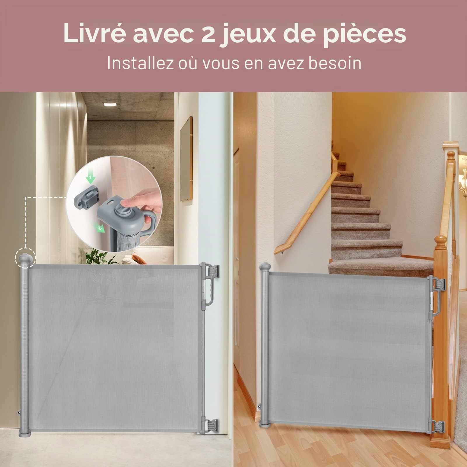 Momcozy Barrière Sécurité Enfant, Rétractable, Gris, 140cm, Maille | Flexible, Chien, Intérieur, Extérieur, 84cm, Plinthes