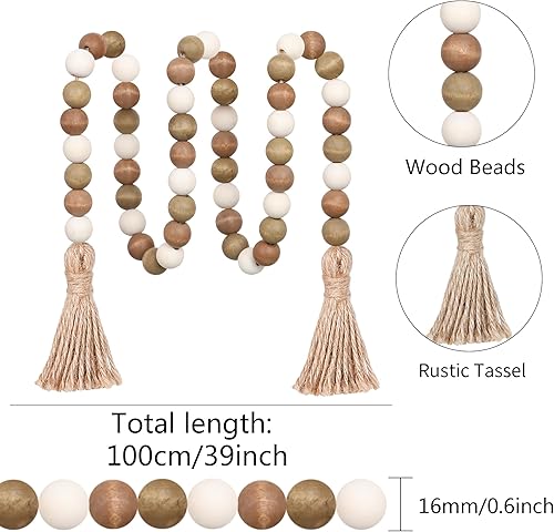 Vista 6 de Meplait Guirnalda de cuentas de madera, cuentas de granja de 39 pulgadas con borlas para decoración de bandejas escalonadas