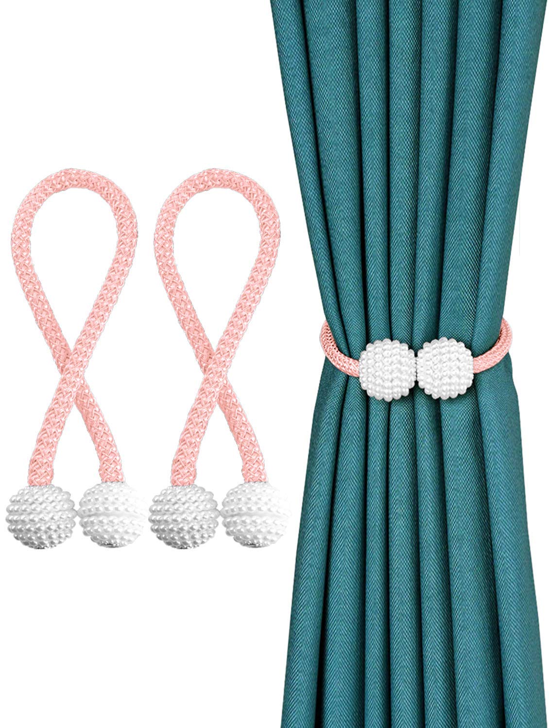 Story@Home Magnetic Curtain Tiebacks Clips - Door Window Tie Backs Holders for Home Office Decorative Rope Holdbacks Classic Tiebacks Pearl Design Set of 2, 16.5 Inch, Pink