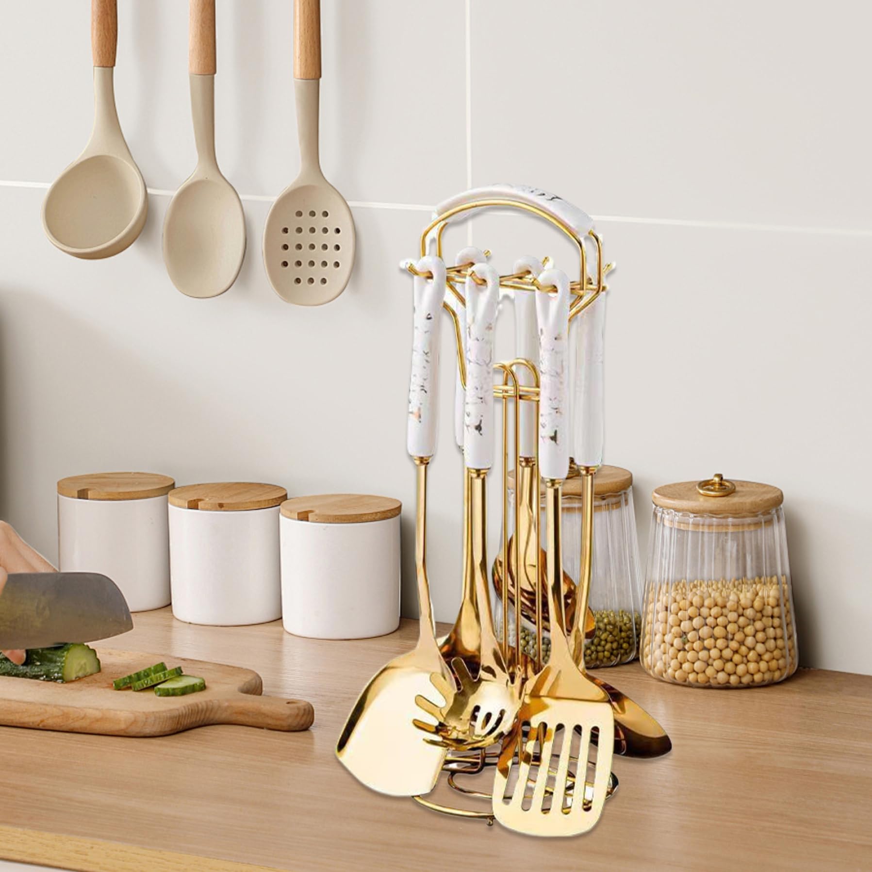 7 pezzi/set di utensili da cucina set utensili in oro in acciaio inossidabile per cucinare con supporto per la lavastoviglie per la lavastoviglie di attrezzi da cucina metallo comprendon